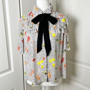 Zara Tie Neck Bow Tie Blouse – Polka Dot Fish & Seashell Design, Size Small